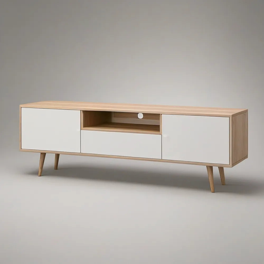 Mid-Century Modern TV Stand, 63 x 15.7 x 21.7 in, White and Natural Oak