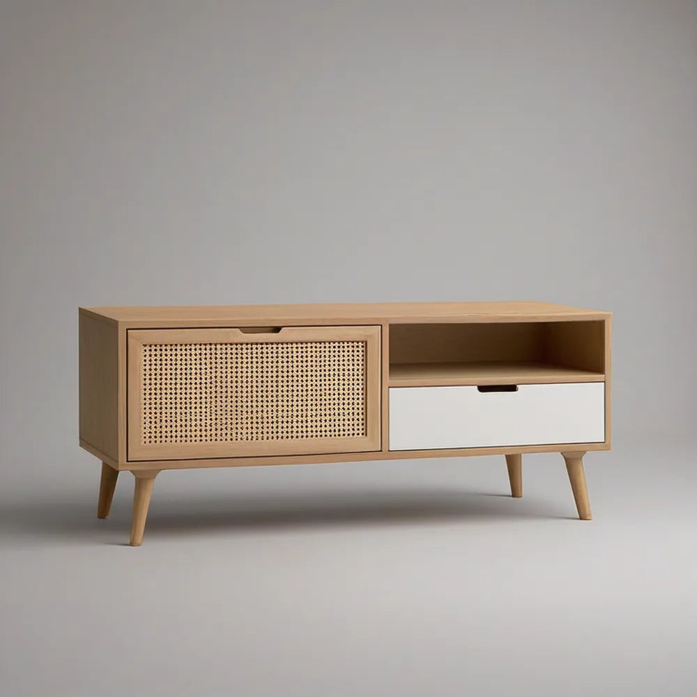 Mid-Century Modern TV Stand with Rattan Door, Drawer and Open Shelf, Light Oak/White/Natural Rattan, 47.2 x 15.7 x 23.6 in