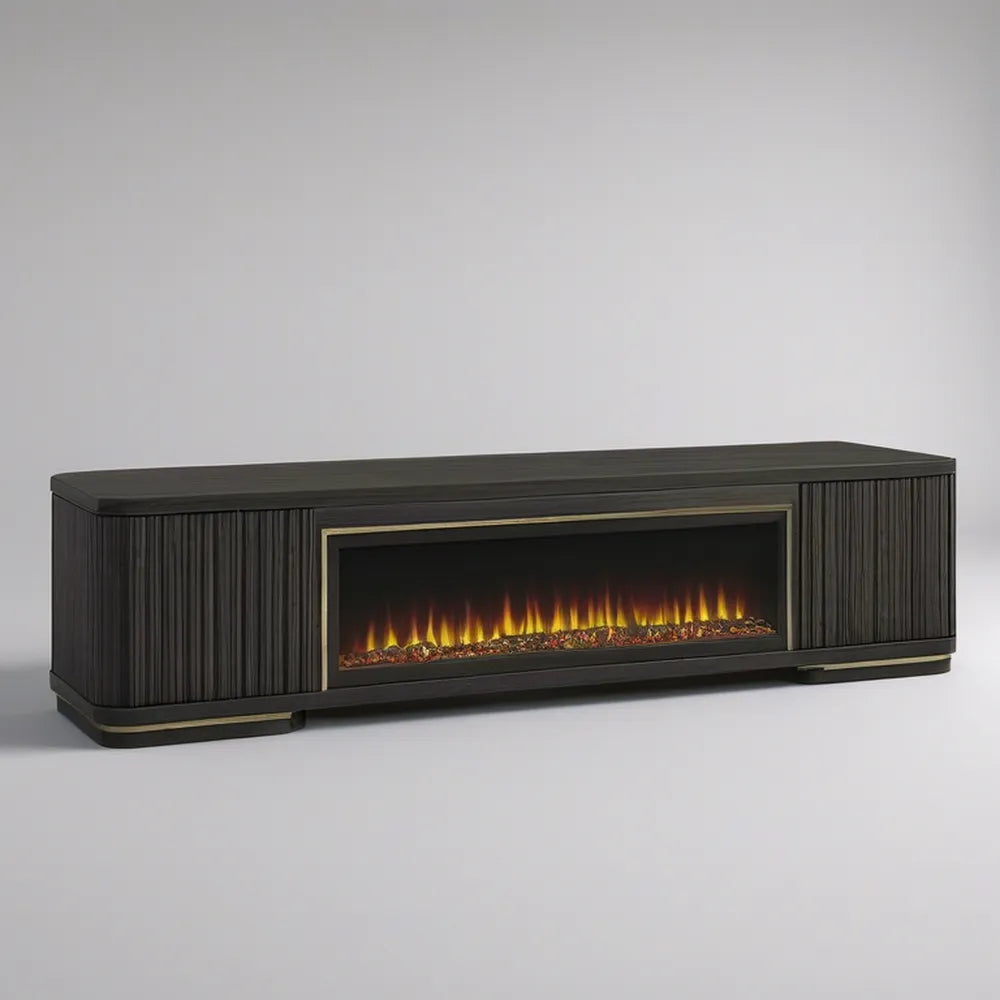 71 x 15.7 x 23.6 in Black and Gold MDF TV Stand with 42 in Electric Fireplace