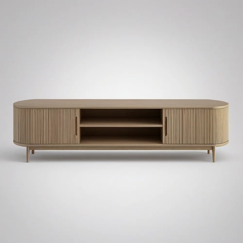 Light Oak Oval TV Stand Media Console with Fluted Doors, 70.9 x 15.7 x 22.8 in