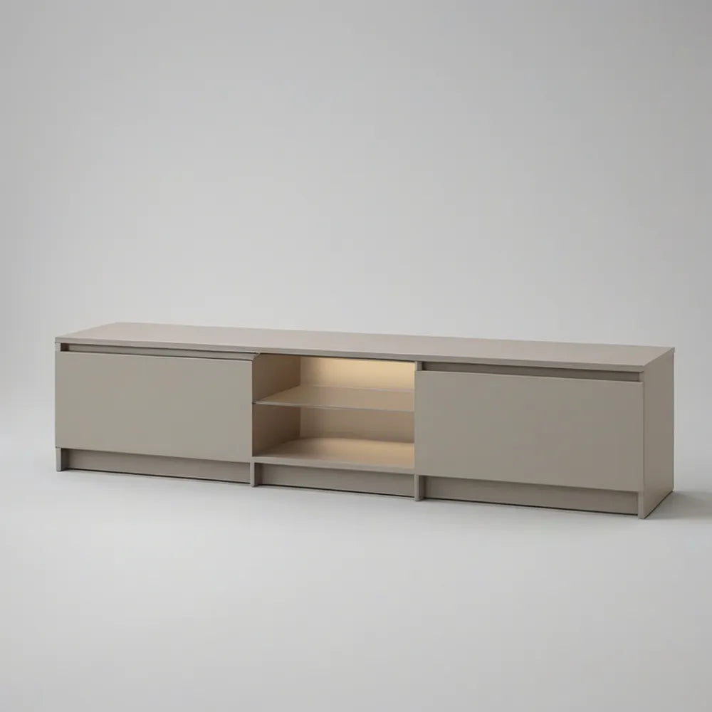 Taupe MDF TV Stand with Sliding Doors, LED Center Shelf, 70.9 x 15.7 x 19.7 in