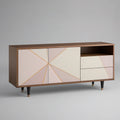 Mid-Century Modern TV Stand, 63 x 16 x 30 in, Walnut Brown, Cream, Black and Gold