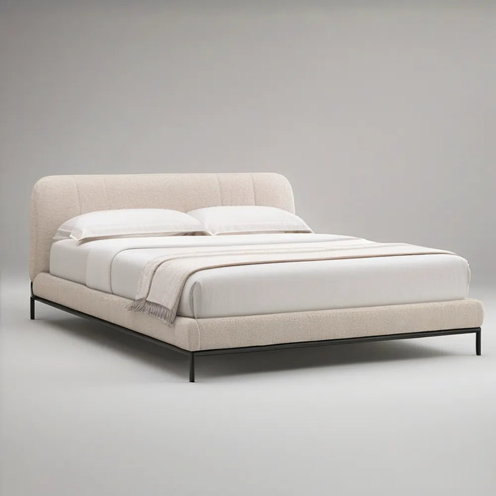 Queen Ivory Upholstered Bed Frame with Black Metal Legs, 63 x 83 x 43 in