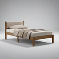 Twin Platform Bed Frame with Upholstered Beige Headboard, Natural Brown Rubberwood, 79 x 42 x 40 in