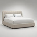 Queen Beige Upholstered Platform Bed Frame with Channel-Tufted Headboard, 64 x 87 x 48 in