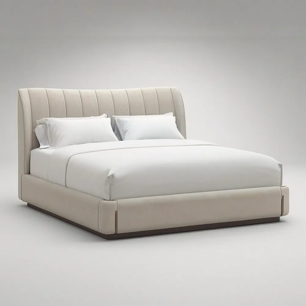 Queen Beige Upholstered Platform Bed Frame with Channel-Tufted Headboard, 64 x 87 x 48 in