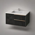 36 in Wall-Mounted Bathroom Vanity with Integrated Rectangular Sink, Black, White and Gray Sintered Stone Top, Champagne Gold Handles, 36 x 18 x 22 in