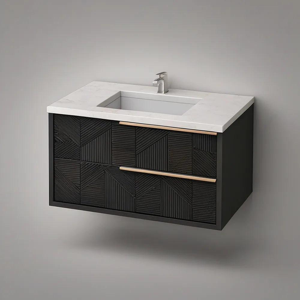 36 in Wall-Mounted Bathroom Vanity with Integrated Rectangular Sink, Black, White and Gray Sintered Stone Top, Champagne Gold Handles, 36 x 18 x 22 in