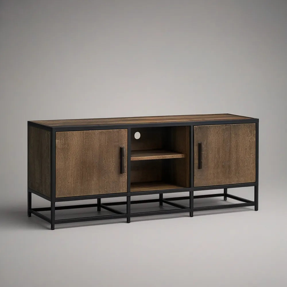 59 x 16 x 24 in Brown and Black Engineered Wood TV Stand with Steel Frame