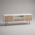 63 x 15.75 x 23.62 in White and Natural Oak Fluted Door Media Console with Drawer and Open Shelf