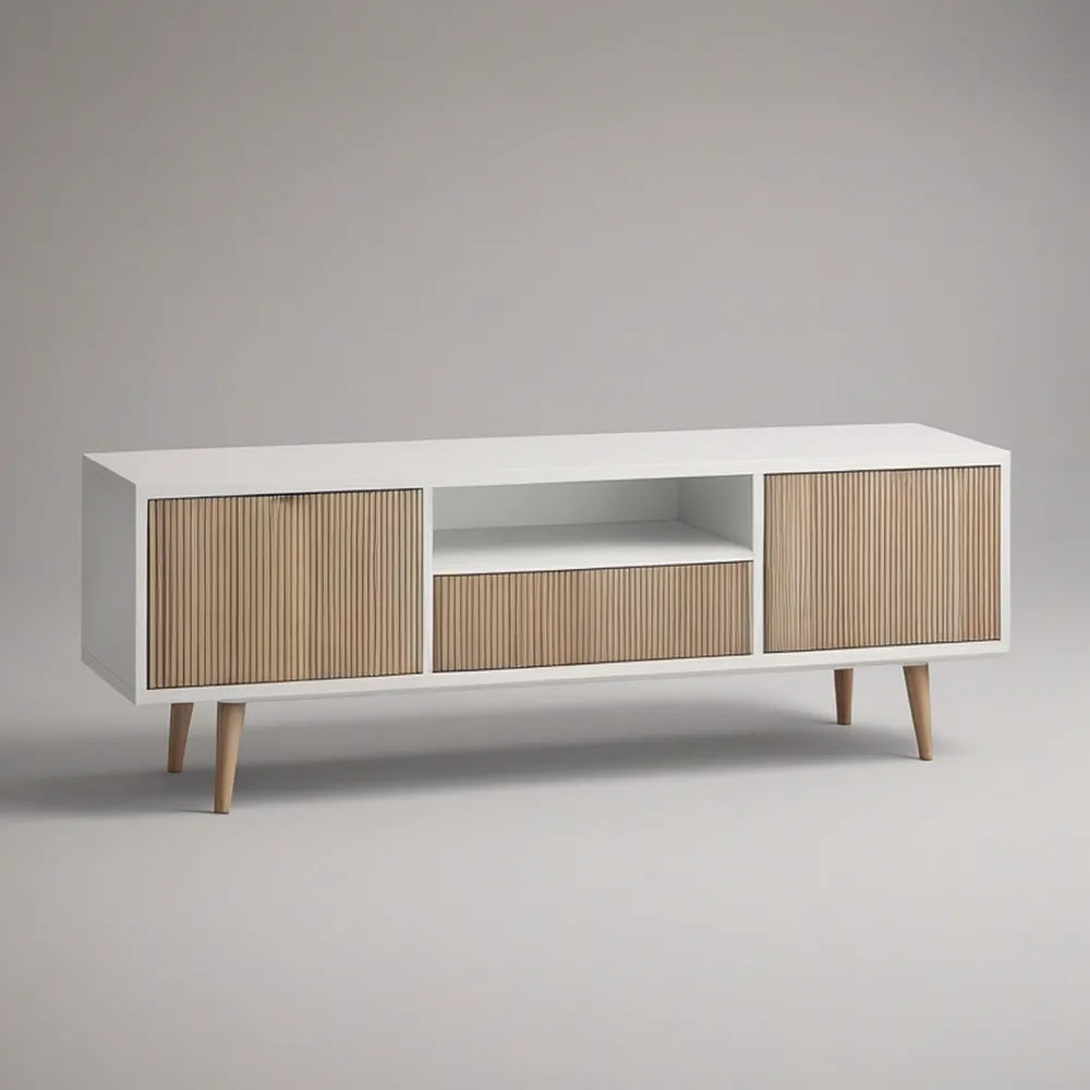 63 x 15.75 x 23.62 in White and Natural Oak Fluted Door Media Console with Drawer and Open Shelf