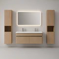 60 in Wall-Mounted Double Sink Bathroom Vanity Set with LED Mirror and Storage Cabinets, Natural Oak/White/Chrome