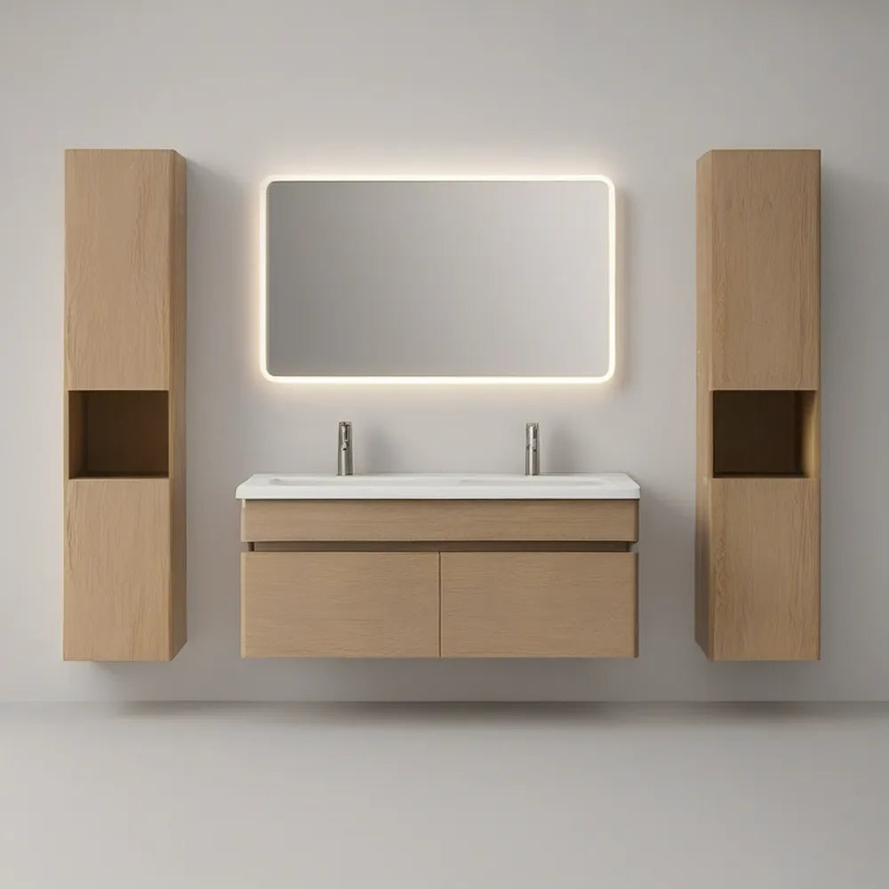 60 in Wall-Mounted Double Sink Bathroom Vanity Set with LED Mirror and Storage Cabinets, Natural Oak/White/Chrome