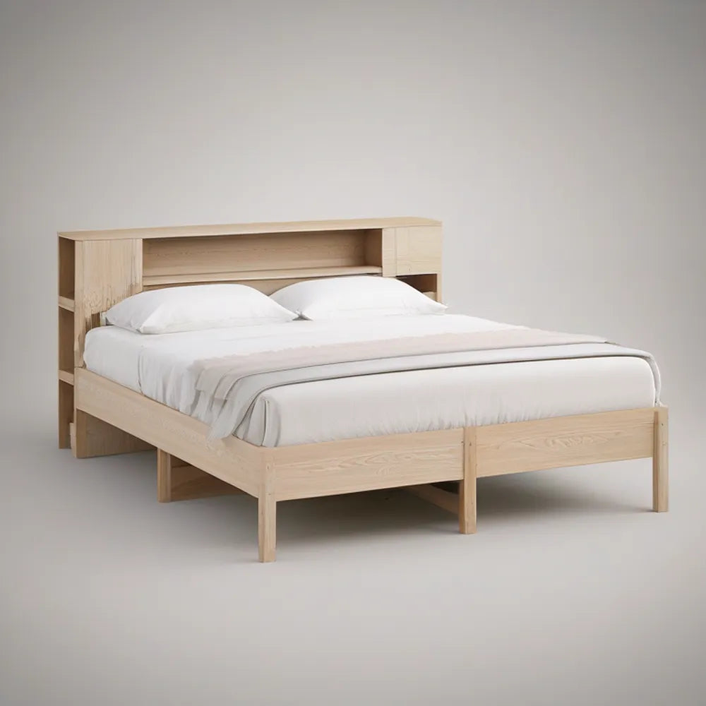 Natural Solid Rubberwood Queen Platform Bed Frame with Storage Headboard, 64 x 86 x 45 in