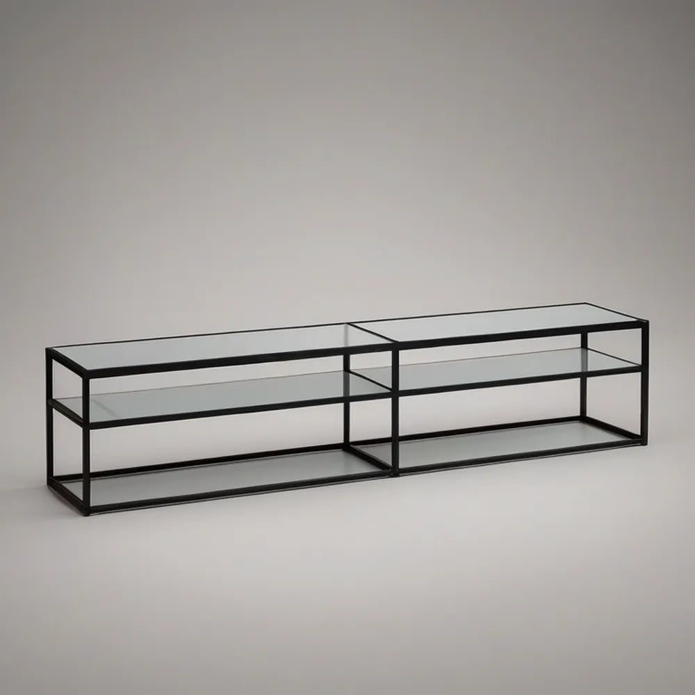 Black Tempered Glass TV Stand with Carbon Steel Frame, 70.9 x 15.7 x 17.7 in