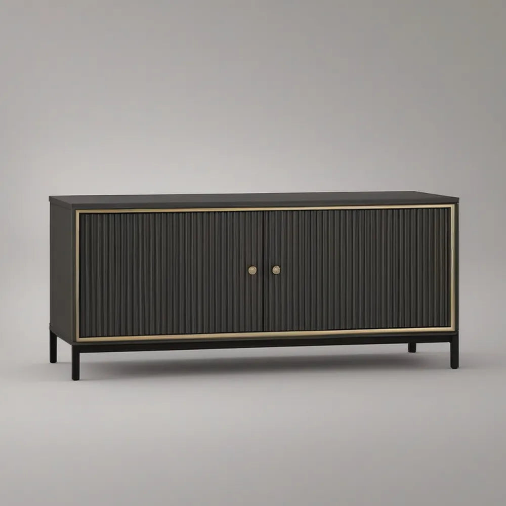 63 in Black MDF TV Stand with 2 Fluted Doors, Gold Trim and Steel Legs