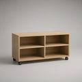 Light Oak Rolling Media Console with 4 Open Compartments, 40 x 16 x 24 in