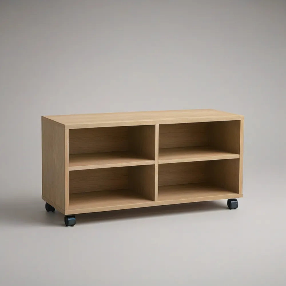 Light Oak Rolling Media Console with 4 Open Compartments, 40 x 16 x 24 in