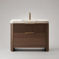 36 in Walnut Brown Freestanding Bathroom Vanity with White and Gray Veined Stone Top, Oval Ceramic Basin and Brushed Gold Faucet