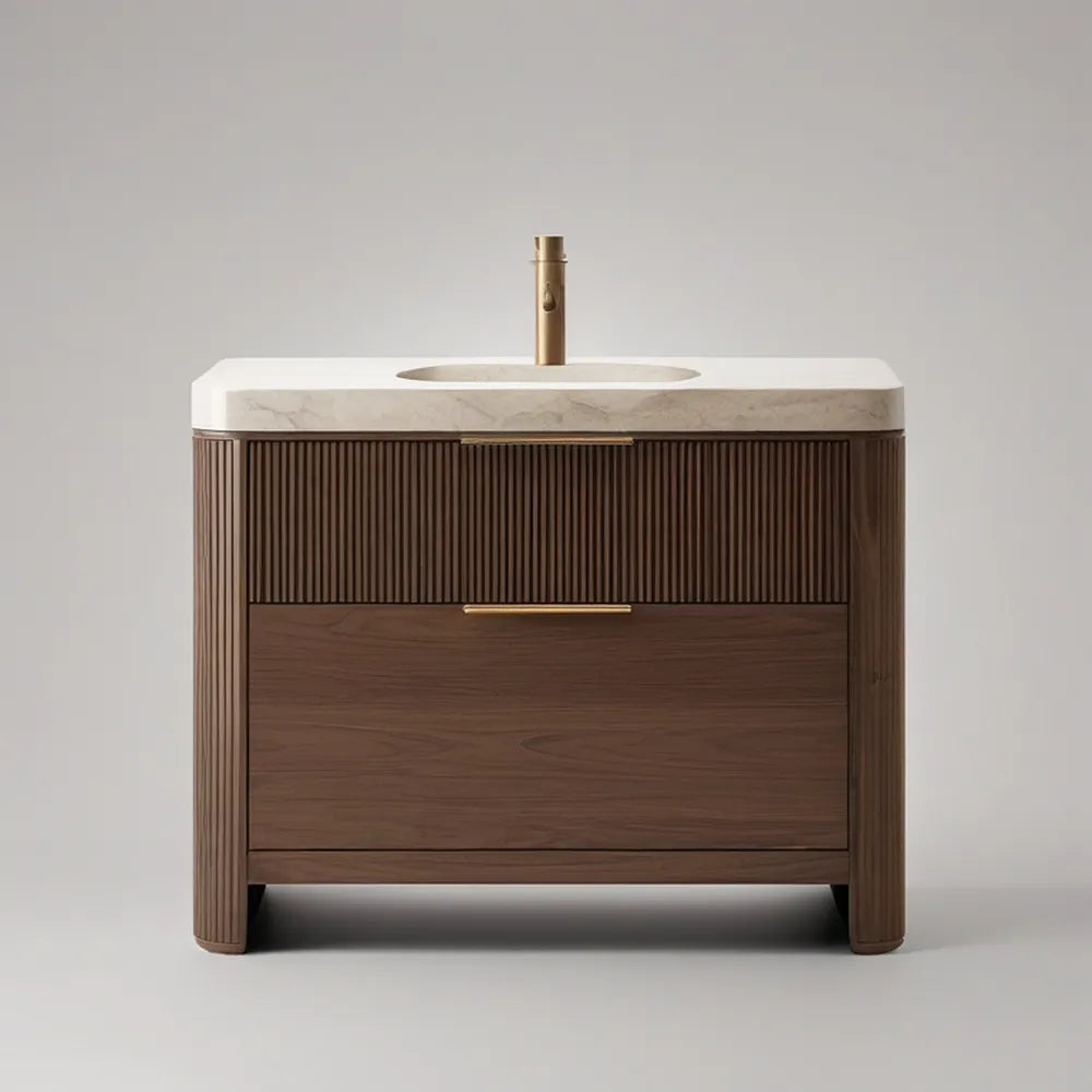 36 in Walnut Brown Freestanding Bathroom Vanity with White and Gray Veined Stone Top, Oval Ceramic Basin and Brushed Gold Faucet