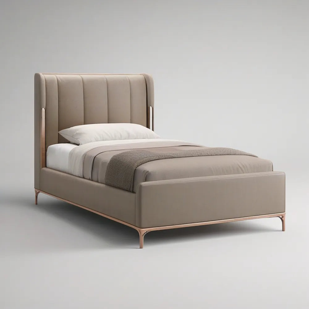 Twin Beige PU Leather Platform Bed Frame with Bronze Trim, 43 x 80 x 52 in