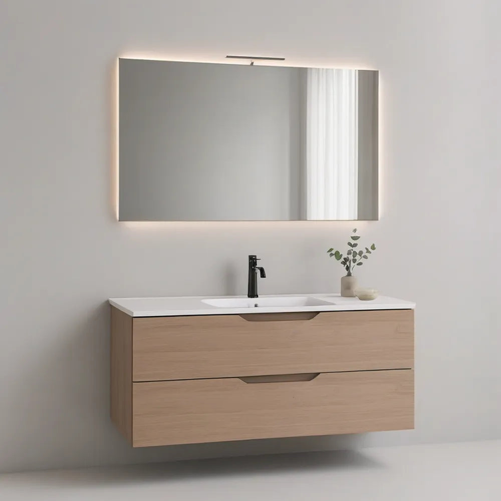 48 in Wall-Mounted Light Oak Bathroom Vanity with White Ceramic Sink and Illuminated Mirror