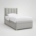 Twin Light Gray Upholstered Platform Bed Frame with Vertical Channel Headboard and Gold Feet, 43 x 80 x 50 in