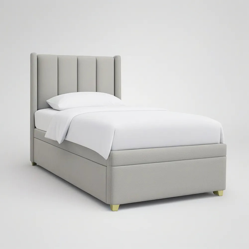 Twin Light Gray Upholstered Platform Bed Frame with Vertical Channel Headboard and Gold Feet, 43 x 80 x 50 in