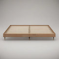 King Size Natural Brown Wood Veneer Frame with Beige Plywood Slats and Brass-Tone Leg Caps, 80 x 76 x 13 in