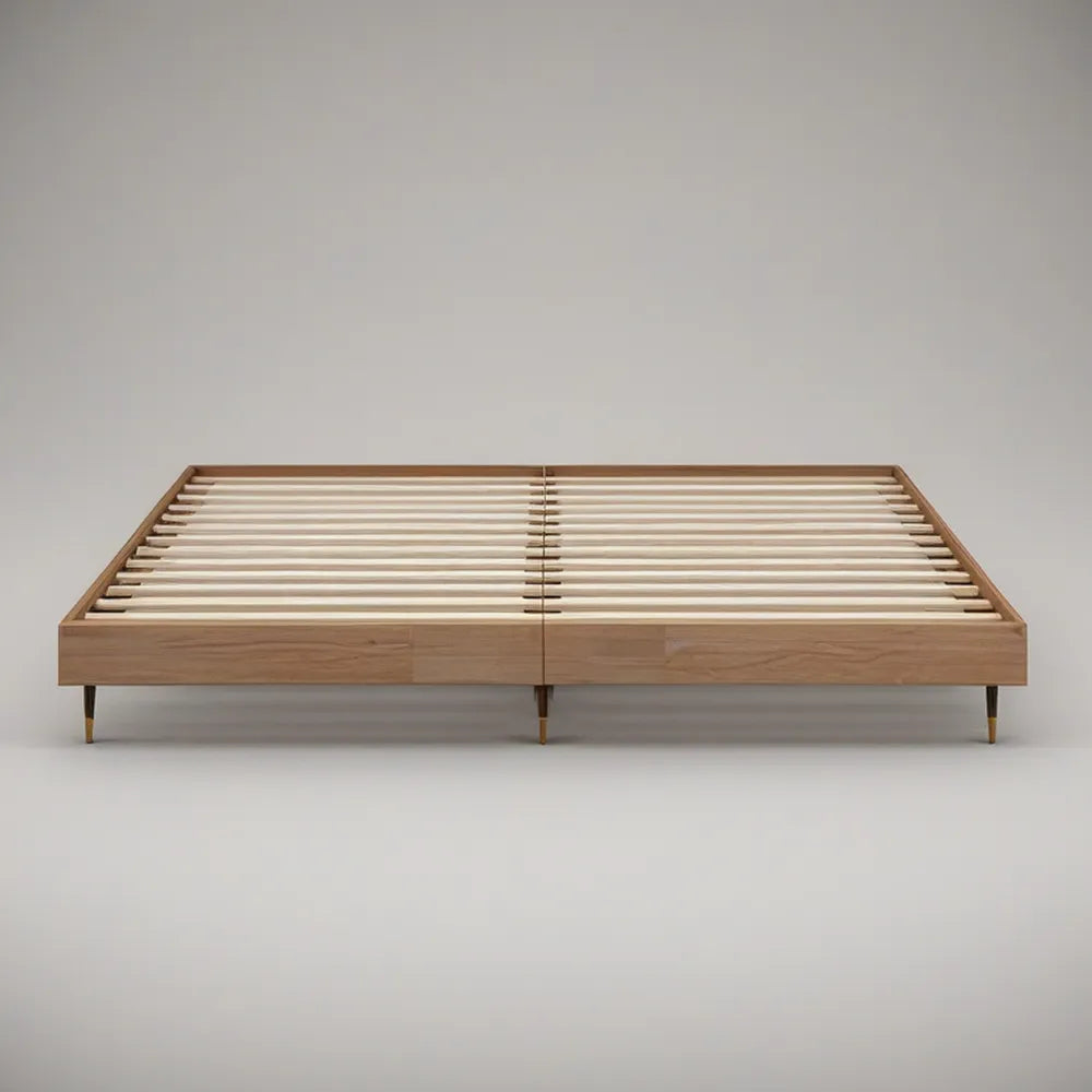 King Size Natural Brown Wood Veneer Frame with Beige Plywood Slats and Brass-Tone Leg Caps, 80 x 76 x 13 in