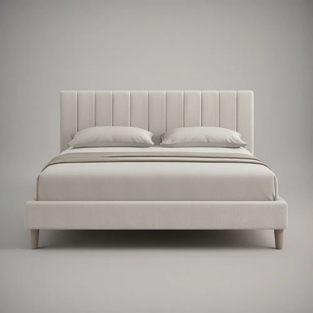 Queen Size Ivory Upholstered Platform Bed Frame with Vertical Channel Tufted Headboard, 65 x 86 x 47 in