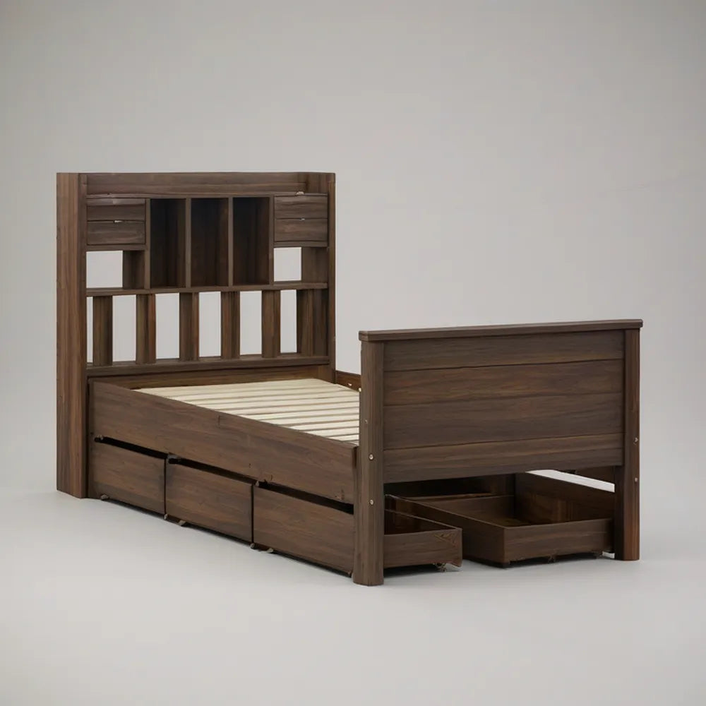 Walnut Brown Twin Platform Bed Frame with Bookcase Headboard and 9 Storage Drawers, Fits 39 x 75 in Mattress