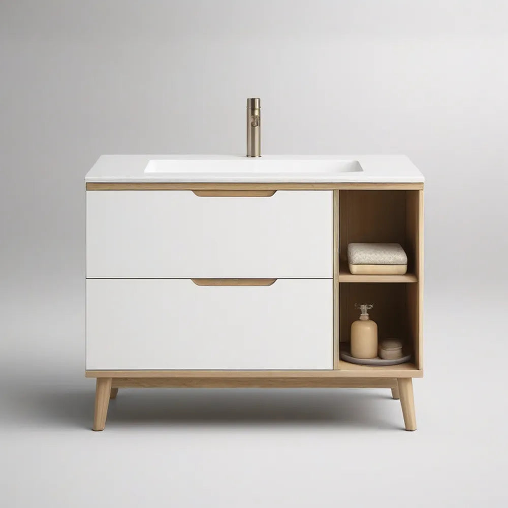 36 x 18.5 x 34 in White and Natural Wood Bathroom Vanity with Integrated Ceramic Sink