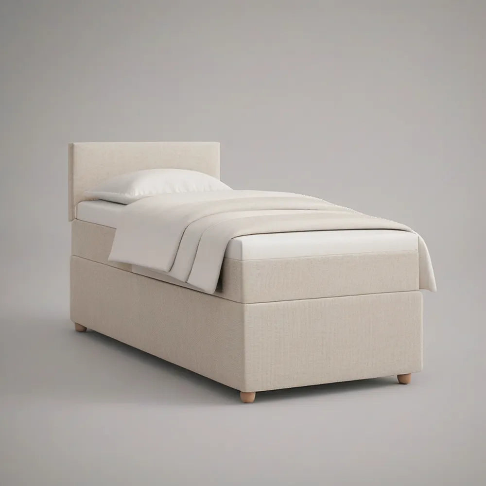 Twin Upholstered Platform Bed Frame with Rectangular Headboard, Beige, 78.7 x 41.7 x 39.4 in