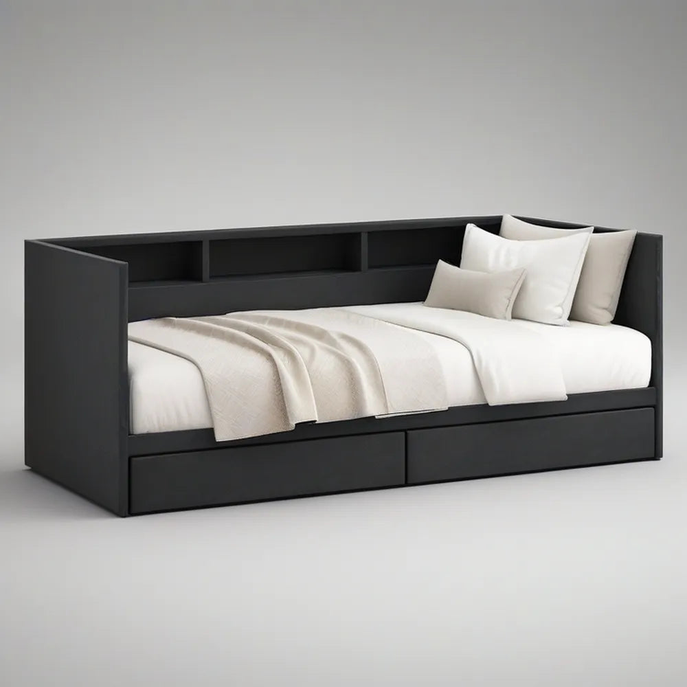 Twin Daybed Frame with 2 Storage Drawers and Rear Cubbies, Black, 80 x 42 x 36 in