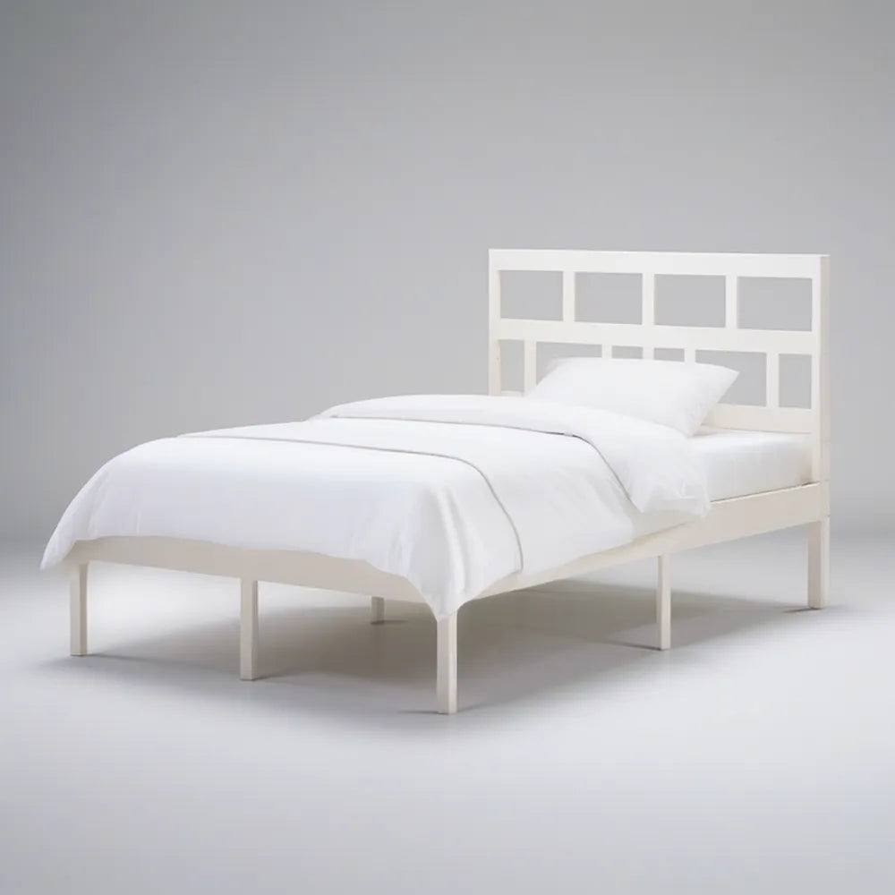 White Twin Solid Pine Wood Bed Frame with Open Rectangular Headboard, 79 x 42 x 39 in
