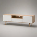 Mid-Century Modern TV Stand, 63 x 15.7 x 21.7 in, White and Natural Oak