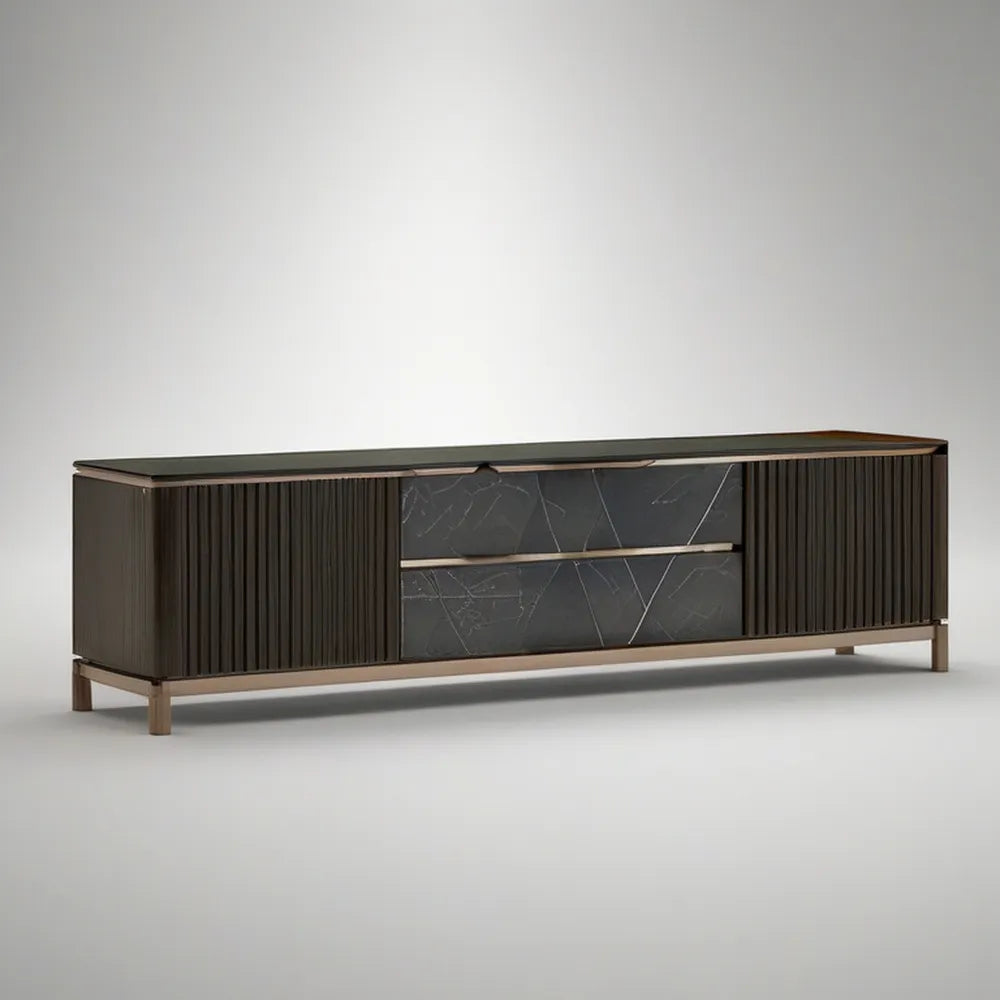 78 x 16 x 22 in Black and Walnut Brown TV Stand Media Console with Fluted Doors and Marble-Look Drawers