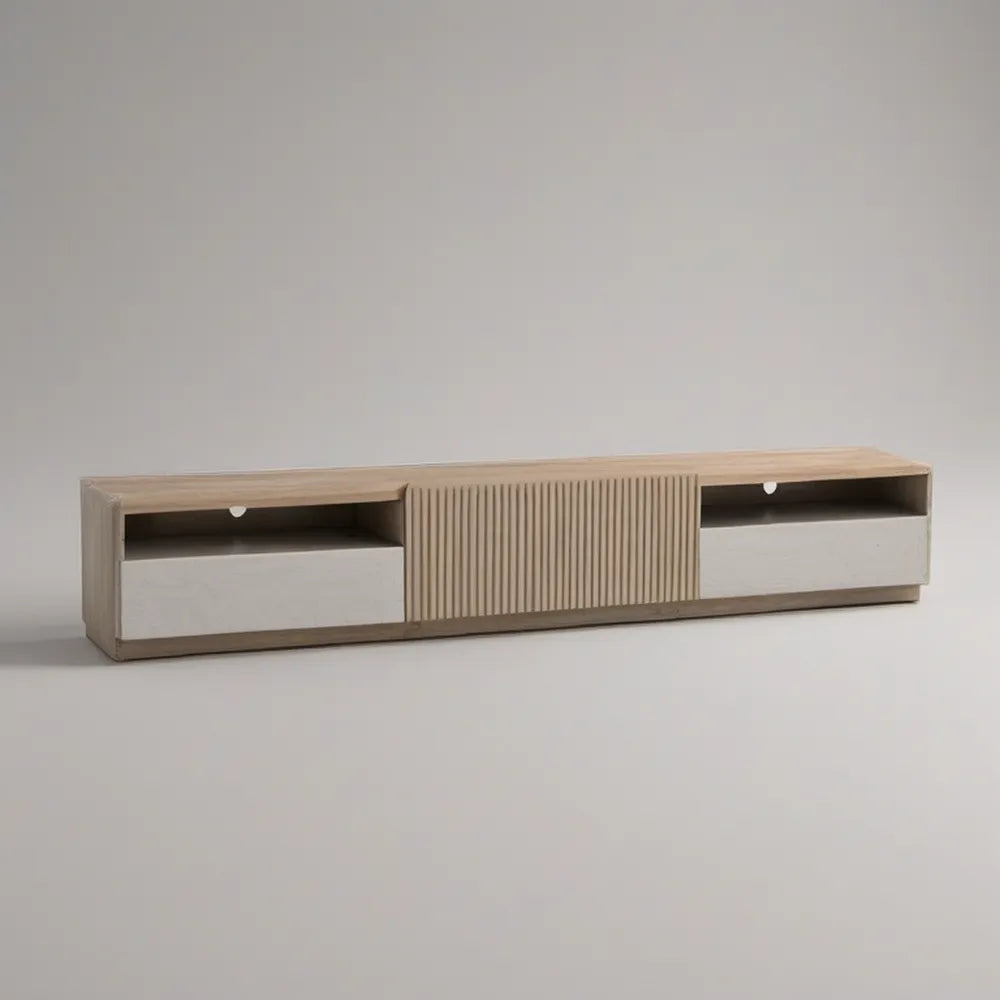 Modern Media Console, 70.9 x 15.7 x 17.7 in, Natural Oak and White MDF with Fluted Center Panel